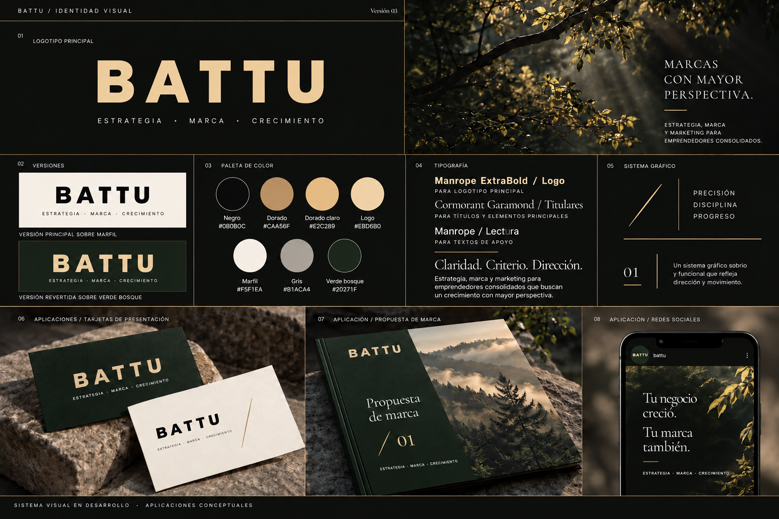 Sistema visual de BATTU: logo tipográfico, paleta negro dorado y verde bosque, tipografías y aplicaciones en tarjetas, propuesta y redes
